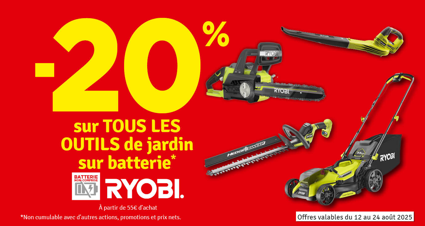 20 % sur tous les outils de jardin sur batterie RYOBI